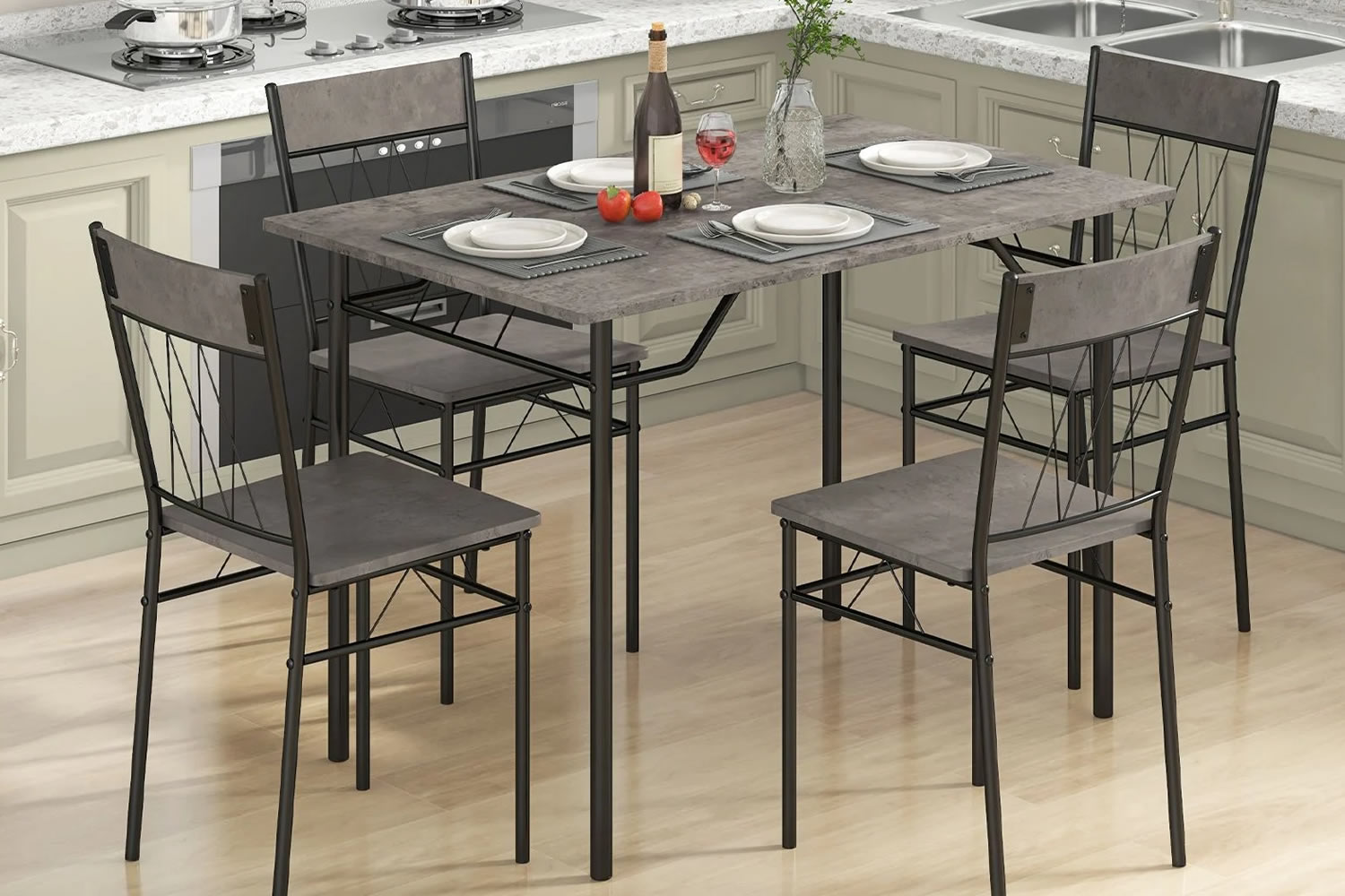 View Canton 4Seater Grey Wooden Dining Table Set 1 Rectangular Dining Table 4 High Back Chairs Compact Design Steel Frame NonSlip Foot Pads information