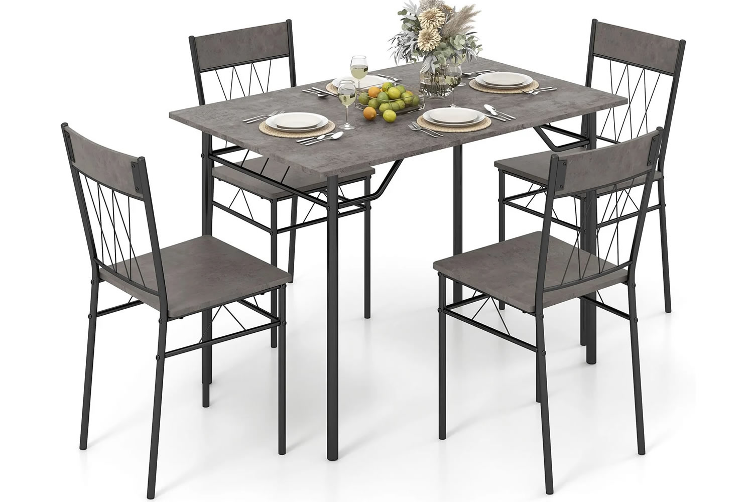 View Canton 4Seater Grey Wooden Dining Table Set 1 Rectangular Dining Table 4 High Back Chairs Compact Design Steel Frame NonSlip Foot Pads information