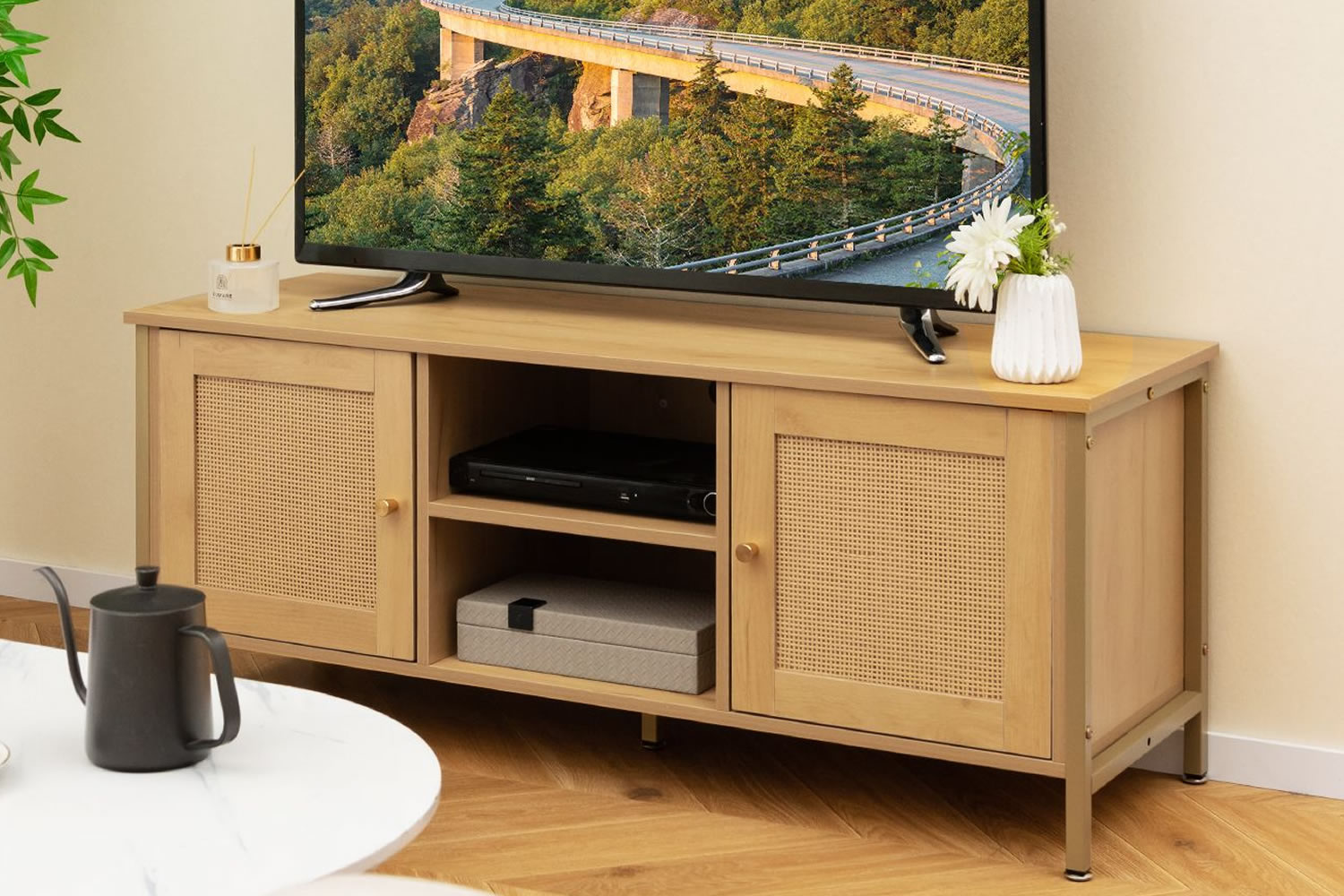 View Benton Wooden 55 TV Stand Natural Wood Finish 2 Rattan Storage Cupboards Open 2Shelf Compartment Gold Metal Legs Adjustable Foot Pads information