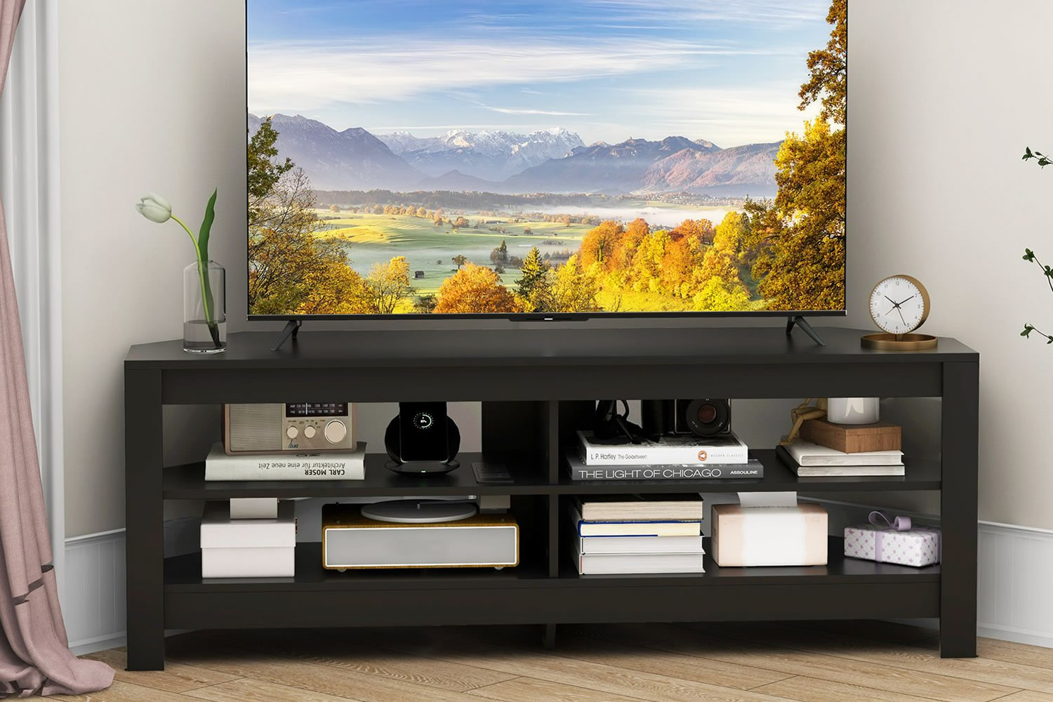 View Nephi Black Wooden 60 Corner TV Stand SpaceSaving Design Four Open Storage Shelves Builtin Power Strip NonSlip Foot Pads Easy Assembly information