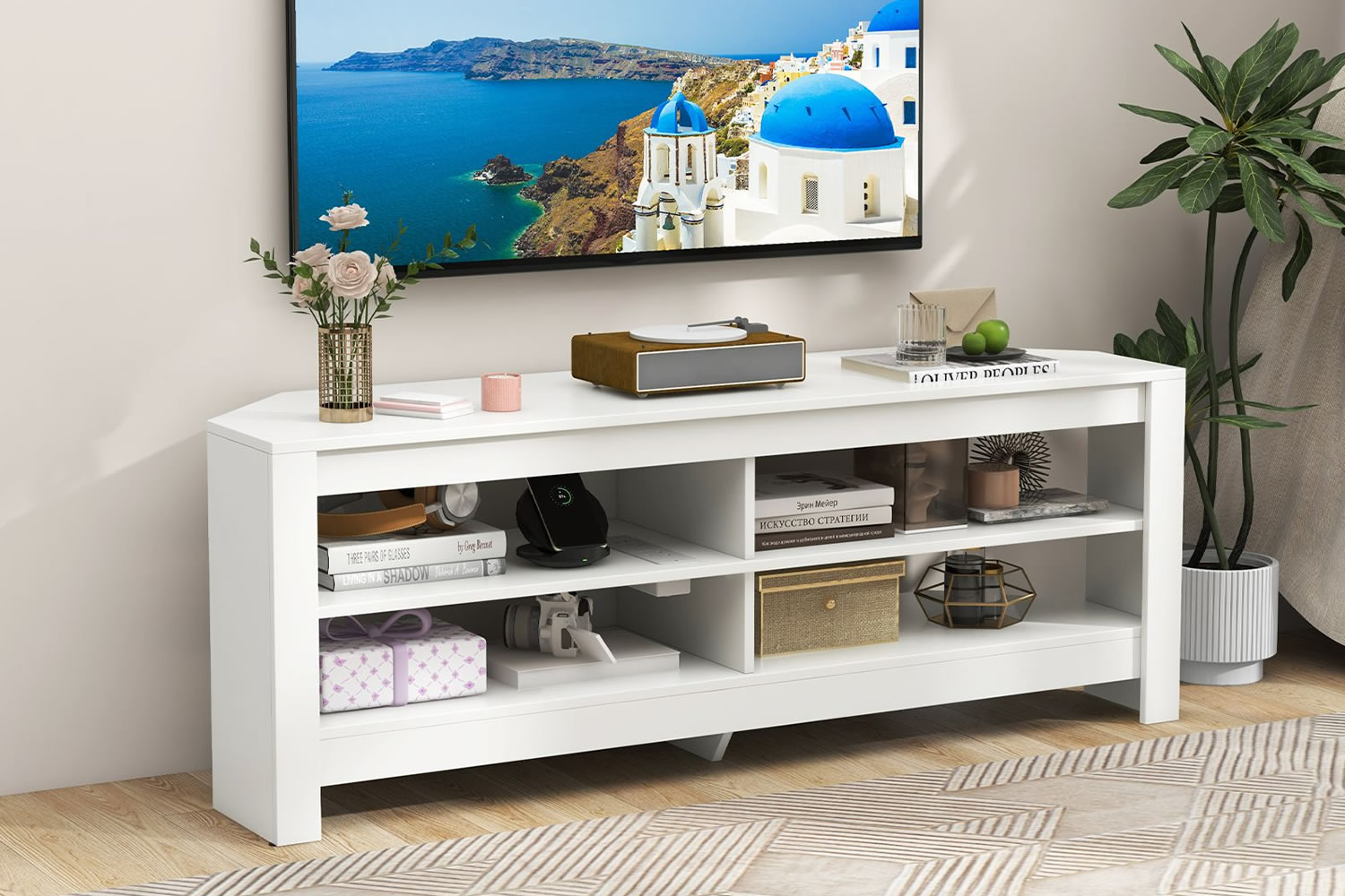 View Nephi White Wooden 60 Corner TV Stand SpaceSaving Design Four Open Storage Shelves Builtin Power Strip NonSlip Foot Pads Easy Assembly information