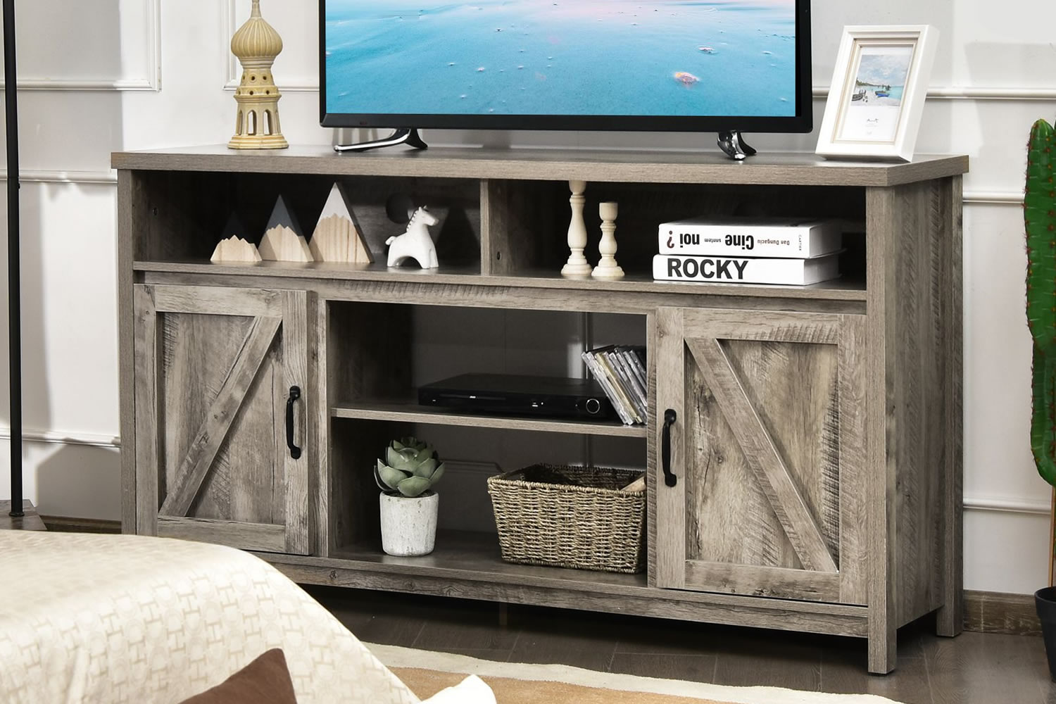 View Baraboo Natural Wooden 65 TV Stand Four Open Storage Shelves Two Large Cupboards Cable Management Reinforced Legs AntiScratch Foot Pads information