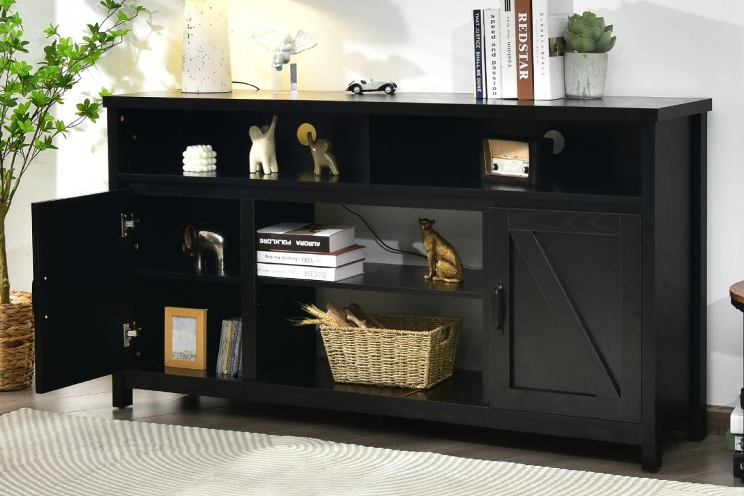 View Baraboo Black Wooden 65 TV Stand Four Open Storage Shelves Two Large Cupboards Cable Management Reinforced Legs AntiScratch Foot Pads information