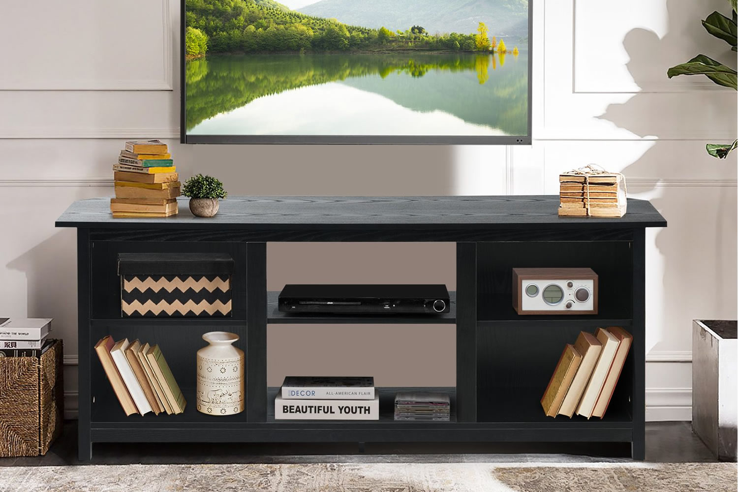 View Rawlins Black Wooden TV Stand Spacious Top Surface For 65 TVs 6 Open Storage Compartments 3 Storage Shelves AntiSlip Feet Easy Assembly information