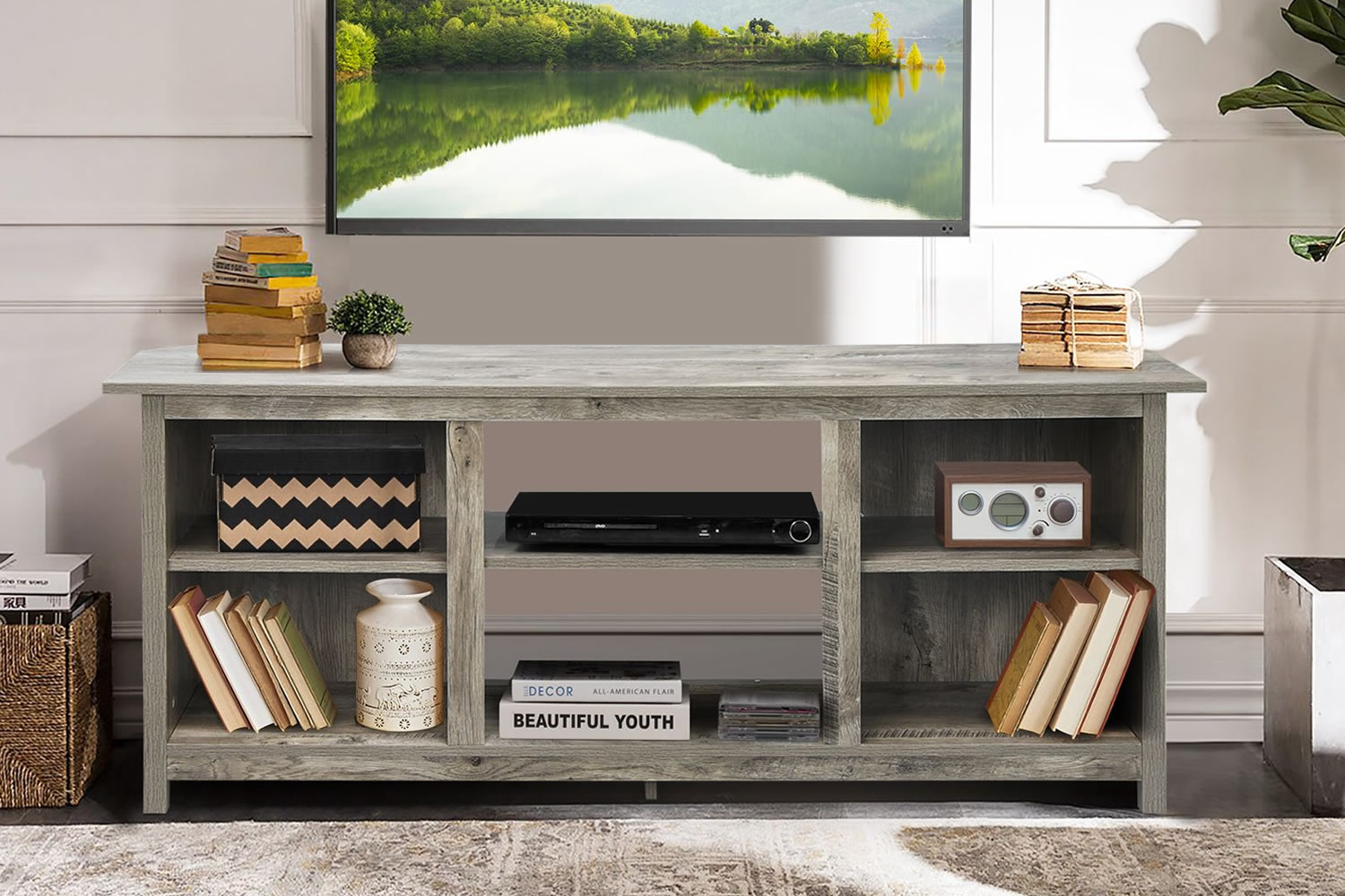 View Rawlins Grey Wooden TV Stand Spacious Top Surface For 65 TVs 6 Open Storage Compartments 3 Storage Shelves AntiSlip Feet Easy Assembly information