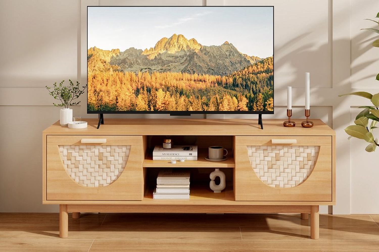 View Manti Wooden 55 TV Stand 2 Spacious Storage Tabletop Bamboo Woven Drawer Fronts Open Storage With Shelf Sturdy Legs NonSlip Foot Pads information