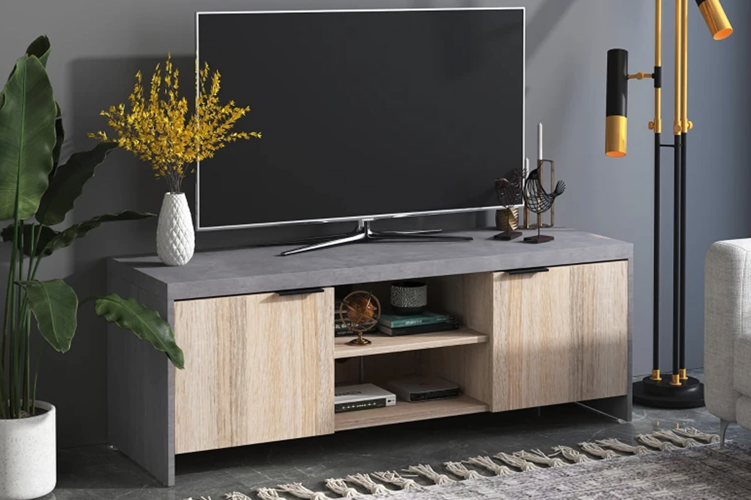 View Indiana Wooden 55 TV Stand Cement Grey Natural Wood Grain Finish Two Open Storage Shelves Two Cupboards Cable Management information