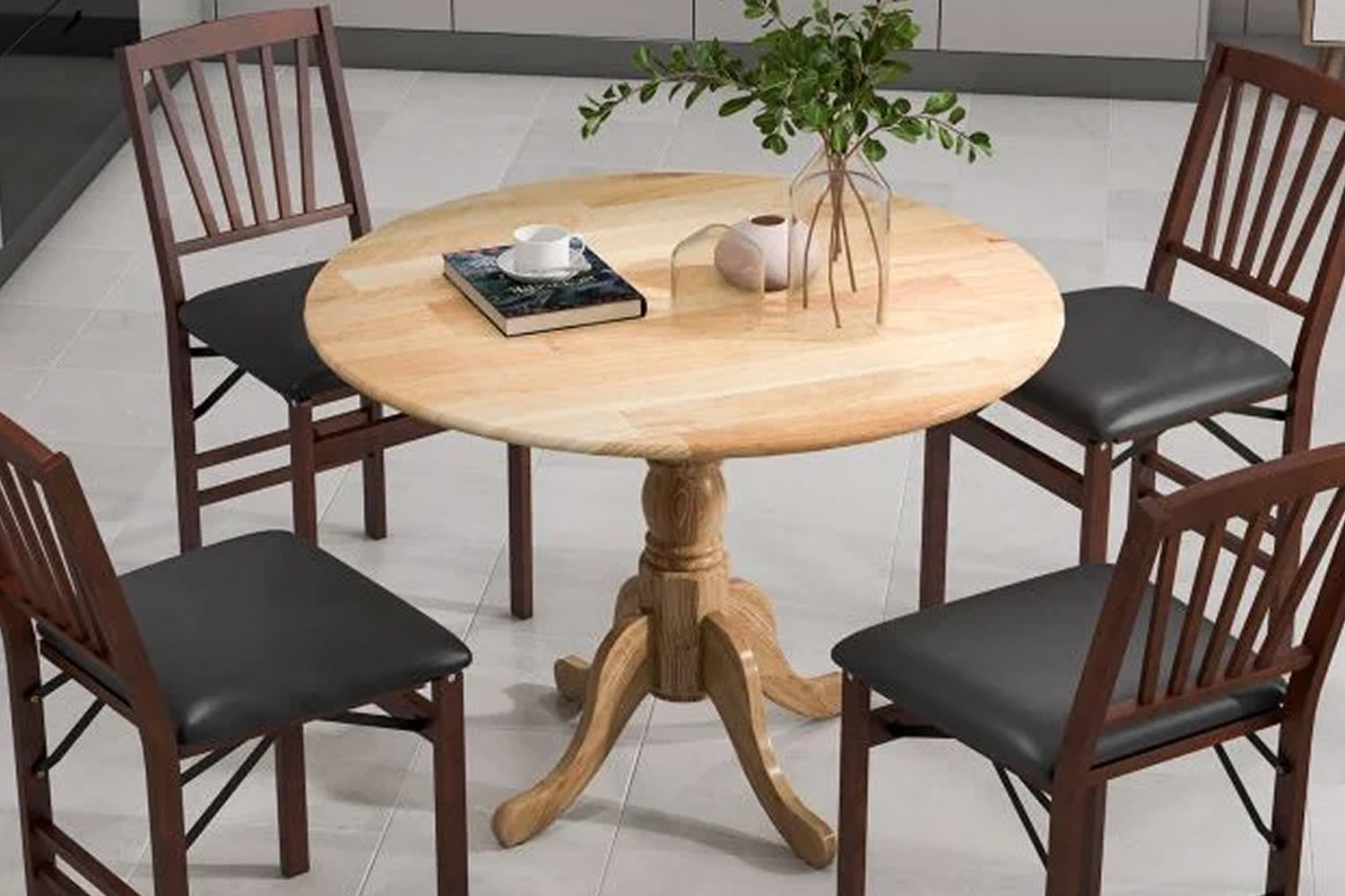 View Saco 4Seater Natural Round Wooden Dining Table Made From Rubberwood Waterproof Surface Curved Splayed Legs Adjustable Feet 100kg Max Load information