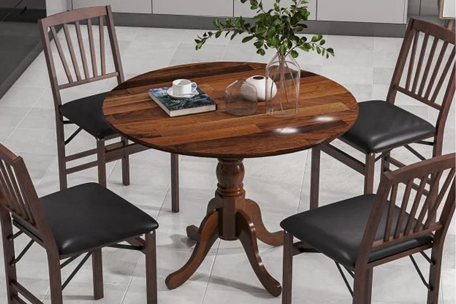 View Saco 4Seater Walnut Round Wooden Dining Table Made From Rubberwood Waterproof Surface Curved Splayed Legs Adjustable Feet 100kg Max Load information