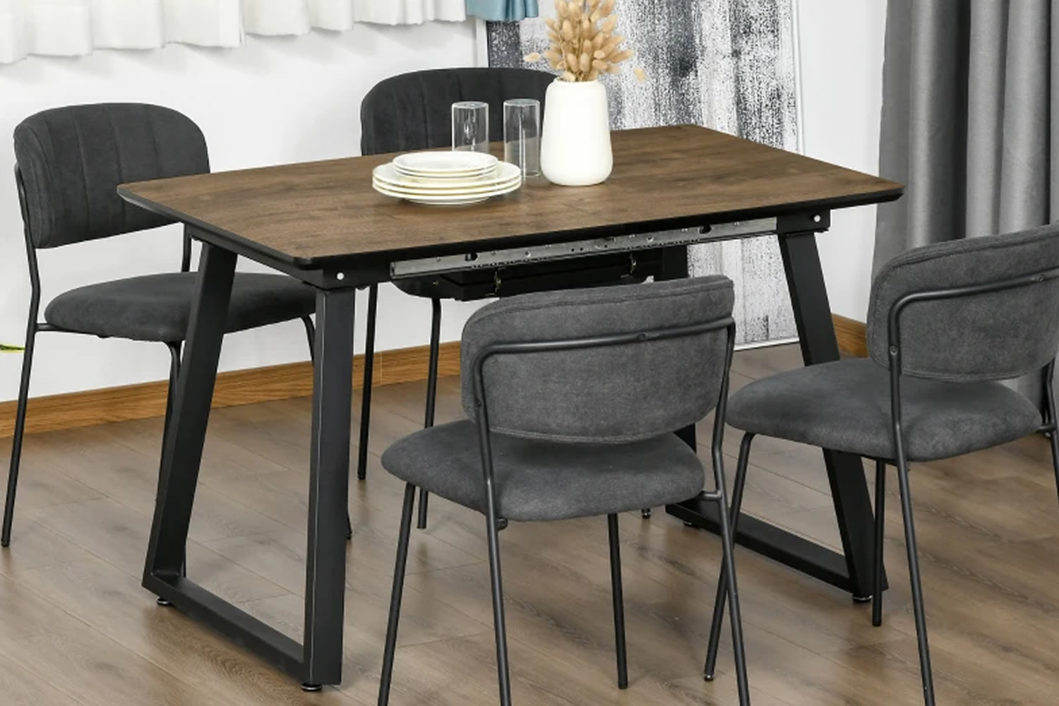 View Coos Bay 46 Seater Wooden Extending Rectangle Dining Table WoodEffect Finish Waterproof ScratchResistant Black Steel TrapezeShaped Legs information