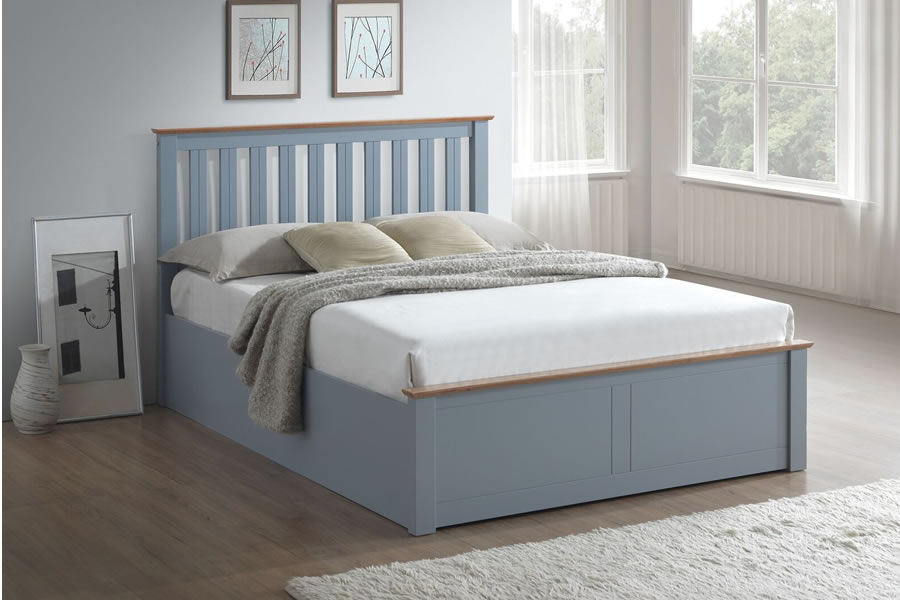 View Stone Grey Wooden 40 Small Double Ottoman Lift Up Storage Bed Frame Shaker Style Slatted Headboard Low Foot Board Slatted Base Phoenix information