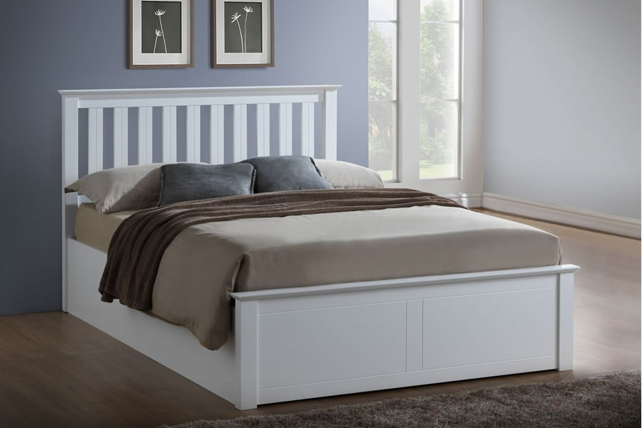 View White Wooden 46 Double Size Ottoman Lift Up Storage Bed Frame Shaker Style Slatted Headboard Low Foot Board Strong Slatted Base Phoenix information