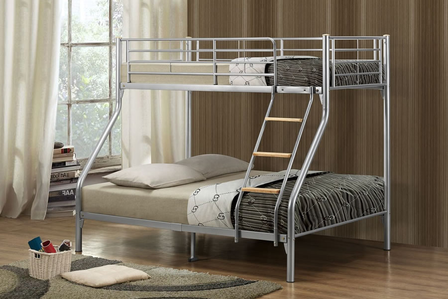 View Nexus Silver Finish Metal Triple Sleeper Bunk Bed Frame 3ft Single Top and 4ft6 Double Bottom Fixed Ladder With Beech Steps information
