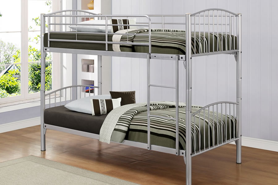 View Corfu 30 Single Silver Metal Bunk Bed Separates Into Two Single Beds Strong Mesh Base Slick Metallic Finish information
