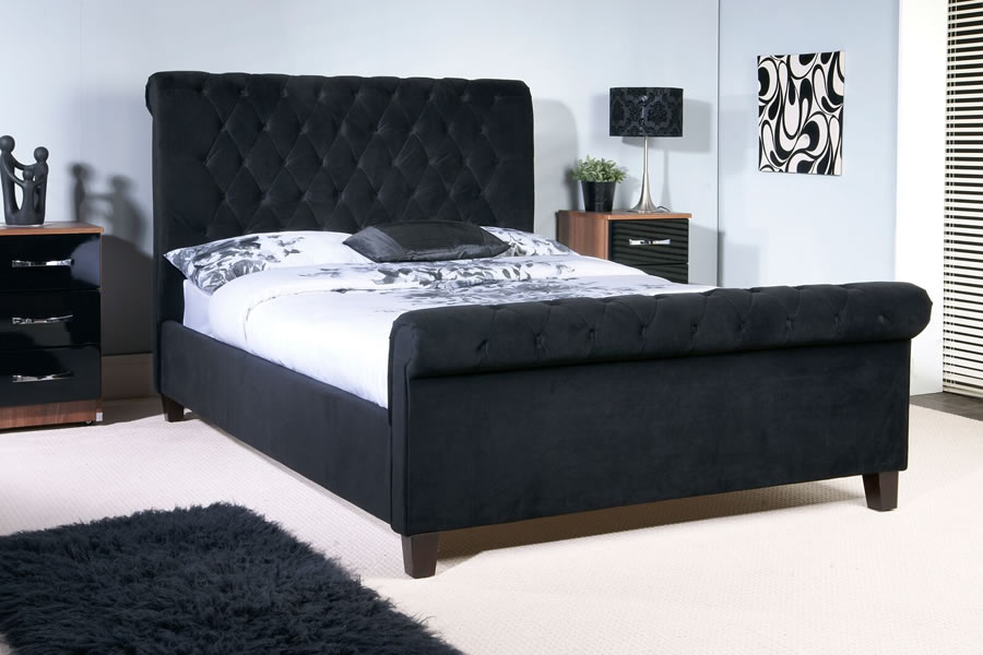 View 46 Doub Size Black Velvet Fabric Sleigh Bed Frame Tall Buttoned Detailed Headboard Medium Height Footboard Strong Slatted Base Orbit information