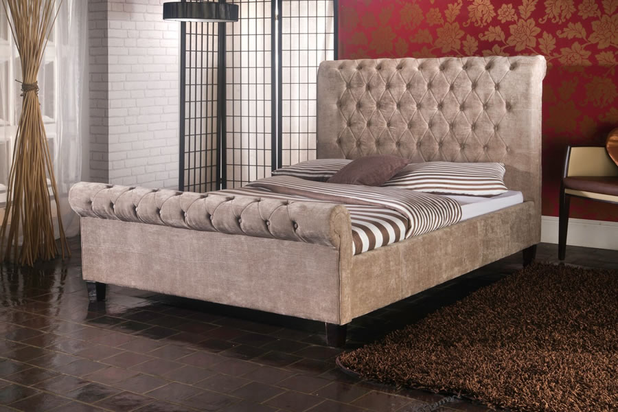View 60 Super King Size Mink Velvet Fabric Sleigh Bed Frame Tall Buttoned Detailed Headboard Medium Height Footboard Strong Slatted Base Orbit information