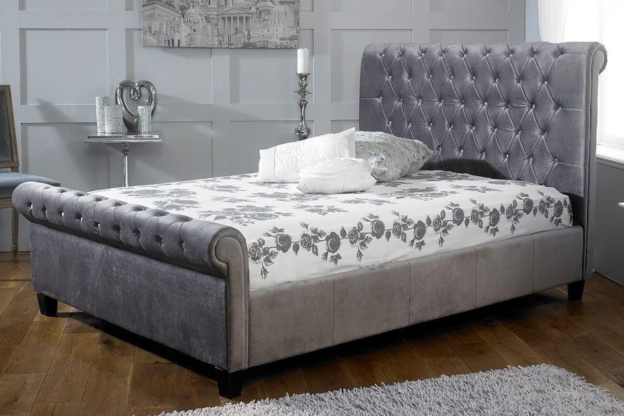 Silver velvet deals sleigh bed