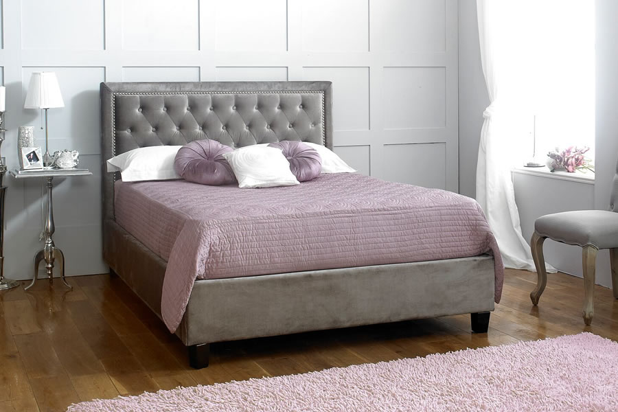 View 50 King Size Silver Textured Deeply Padded Velvet Bed Frame Tall Square Button Back and Studded Edge Headboard Low Foot End Rhea information