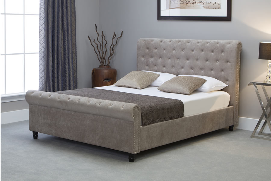 View Oxford Stone Fabric Scroll Sleigh Ottoman Bed Frame Side Opening Soft Touch Fabric Double King or Super King Size information