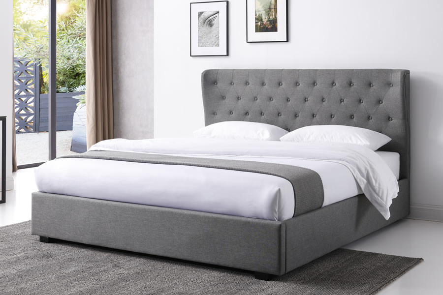 View Grey Hopsack Fabric Double Ottoman Storage Bed Frame Easy Lift Up Storage Compartment Deeply Padded Buttoned Headboard Kenington information