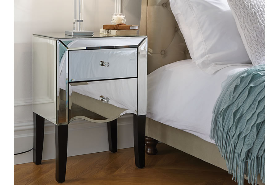 View Modern Mirrored 2 Drawer Bedside Easy Glide Drawers Glass Crystal Handles Bevelled Mirrored Glass Palermo Bedroom Range information