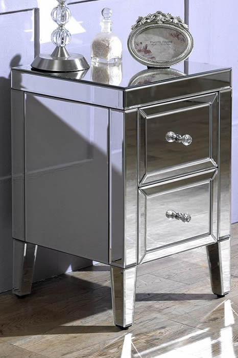 View Mirrored 2 Drawer Bedside Cabinet Crystal Handles Valencia information