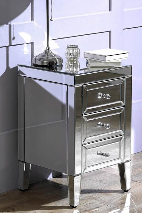 View Mirrored 3 Drawer Bedside Crystal Handles Valencia information