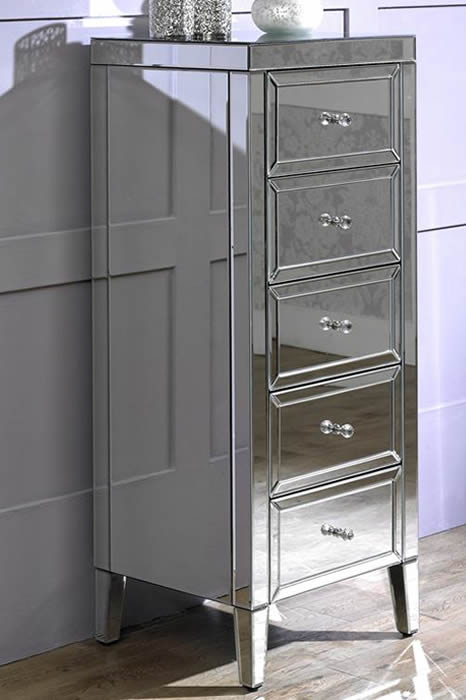 View Modern Mirrored Chest Of Drawers Narrow 5 Bedroom Drawers Easy Glide Drawers Crystal Effect Handles Bevelled Edges Valencia Range information