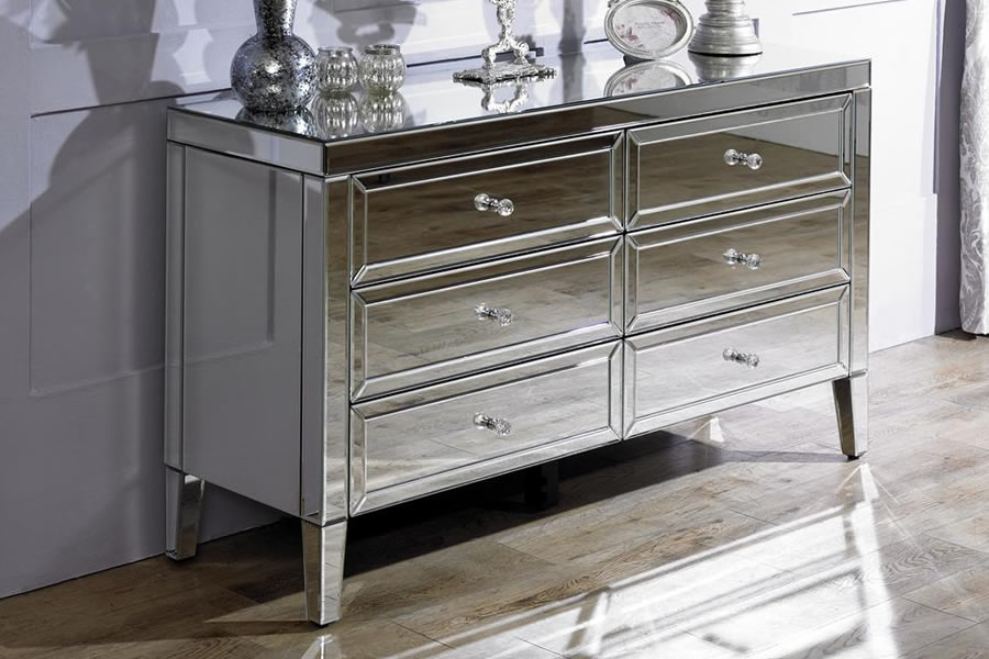 View Modern Mirrored Chest Of Drawers 6 Wide Bedroom Drawers Easy Glide Drawers Crystal Effect Handles Bevelled Edges Valencia Range information