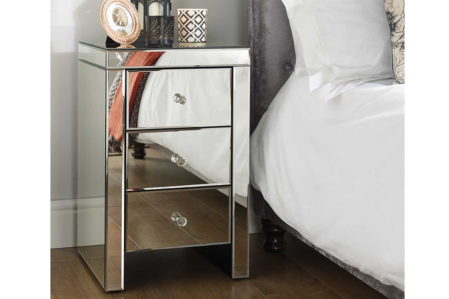 View Mirrored 3 Drawer Storage Bed Side Chest Of Drawers 3 Small Drawers Mirrored Glass Pull Handles Birlea WSeville information
