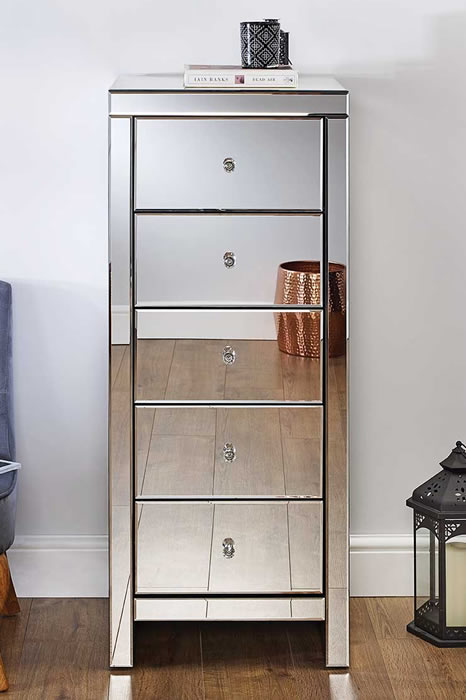 View Modern Slim Tall Narrow Mirrored 5 Drawer Storage Chest Glass Crystal Style Pull Handles Easy Glide Drawers Delivered Fully Assembled Birlea S information