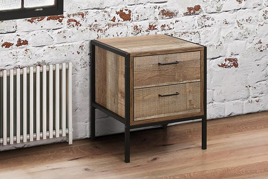 View Urban Industrial Style Rustic Oak Two Drawer Bedside Easy Glide Drawers Black Pull Loop Handles Retro Industrial Style Weathered Oak Finish information