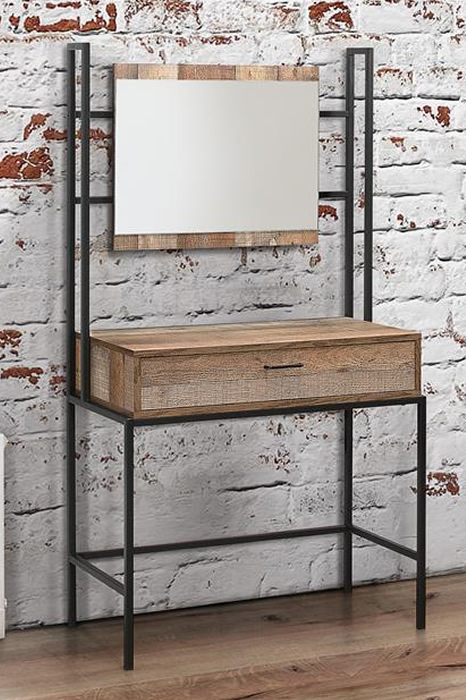 View Urban Industrial Rustic Weathered Oak Finish Dressing Table Mirror Industrial Black Metal Frame Finish One Easy Glide Storage Drawer Urban information