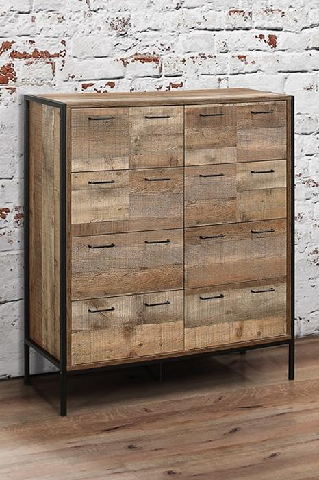 View Urban Industrial Style Eight Drawer Chest Of Drawers Industrial Black Steel Frame Chic Finish Rustic Wood Finish Black Pull Handles Birlea information
