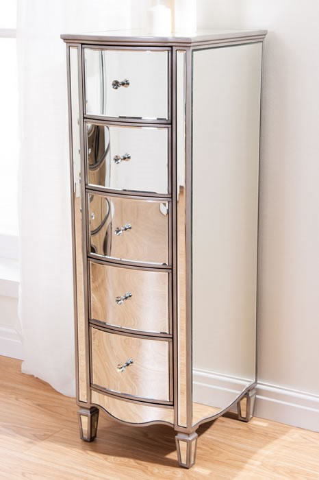 Mirrored 5 Drawer Narrow Chest - Crystal Handles - Elysee