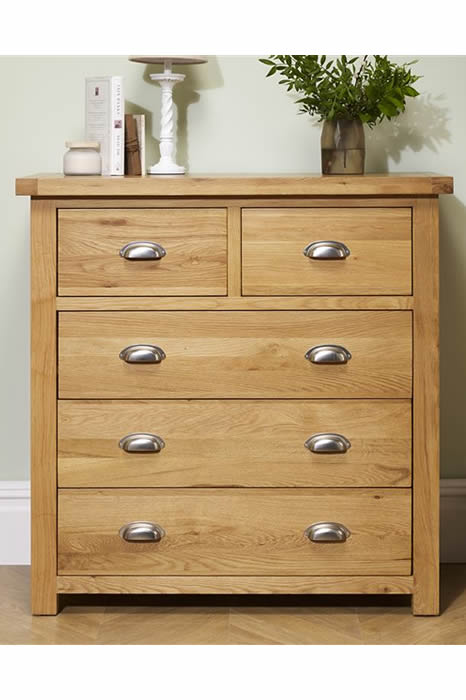 Solid Oak 3 + 2 Drawer Chest - Metal Cup Handles - Woburn