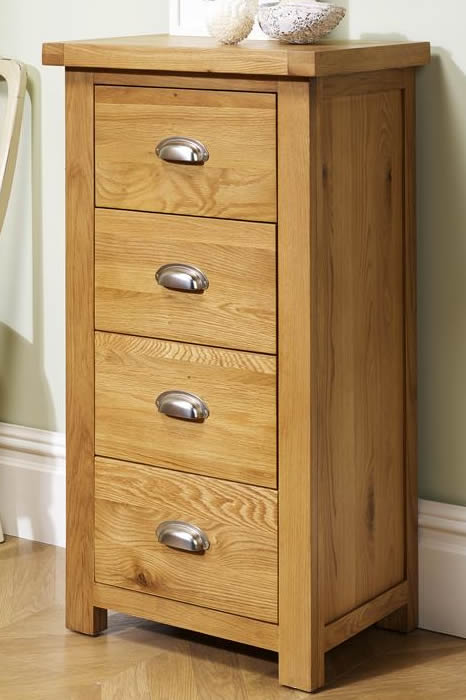 Solid Oak 4 Drawer Narrow Chest - Metal Cup Handles - Woburn Range