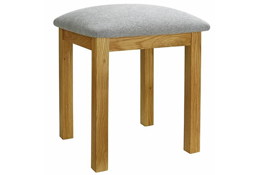 View Natural Solid Light Oak Rustic Dressing Occasional Stool Grey Fabric Deeply Padded Seat Square Shaker Style Wooden Leg Birlea Woburn information