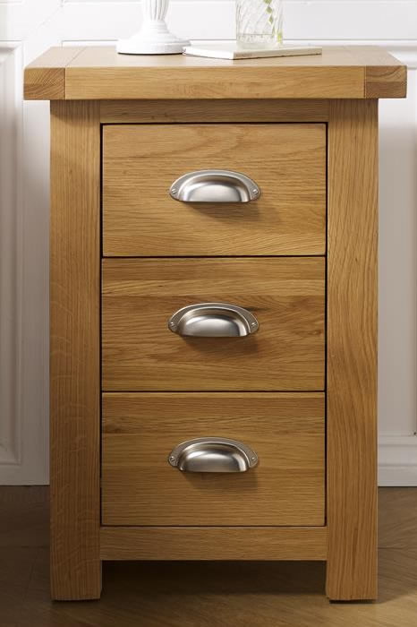 View Natural Solid Light Oak Rustic 3 Drawer Storage Bed Side Chest Of Drawers 3 Small Drawers Chrome Cup Handles Birlea Woburn information