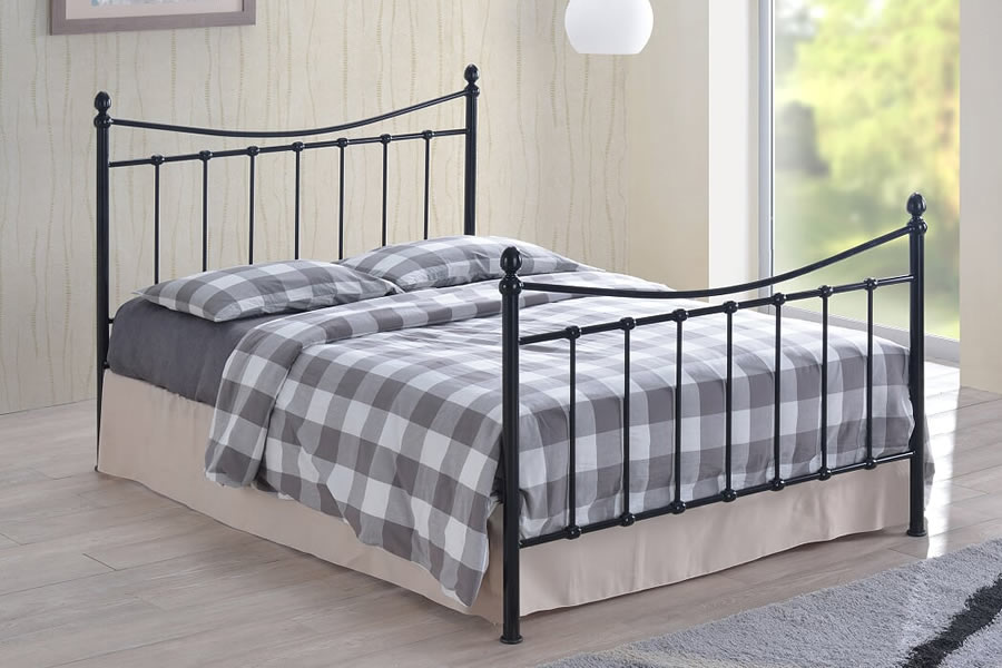 View 40 Small Double Size Black Metal Antique Style Metal Tubular Bed Frame Curved Head and footboard Steel Frame Robust Slatted Base Alderley information