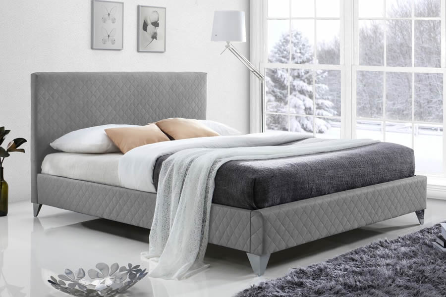 View 46 Double Modern Textured Light Grey Fabric Bedstead Bed Frame Deeply Padded Quilted Headboard Low Foot End Chrome Legs Brooklyn information