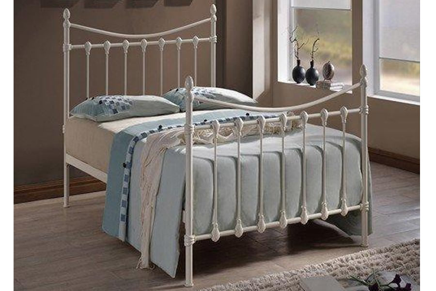 View 30 Single Ivory Gloss VictorianInspired Metal Bed Frame Oval Finials Tall Curved Headboard Footboard Bedstead Robust Base Florida information