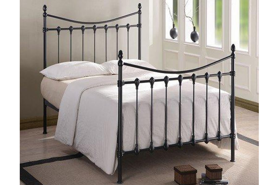 View 30 Single Black Gloss VictorianInspired Metal Bed Frame Oval Finials Tall Curved Headboard Footboard Bedstead Robust Base Florida information