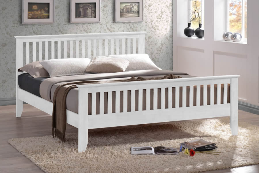 View 46 Double White Painted Wooden Bed Frame With Tall Vertical Slatted Headboard Footboard Robust Sprung Slatted Base Centre Rail Support information