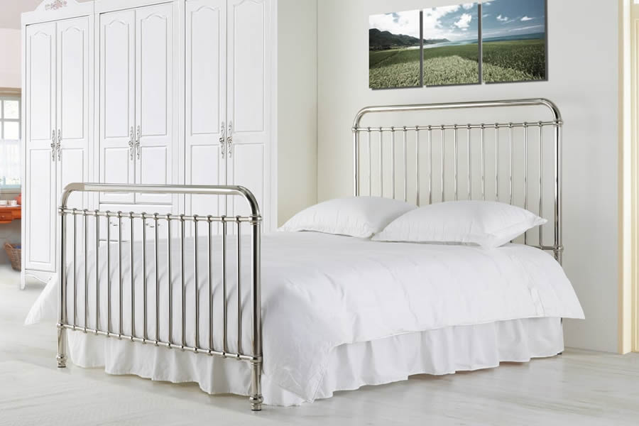 View Rose Classic Shiny Chrome Victorian Metal Bed Frame Vertical Pattern Sprung Slatted Base Single Double or King Size information