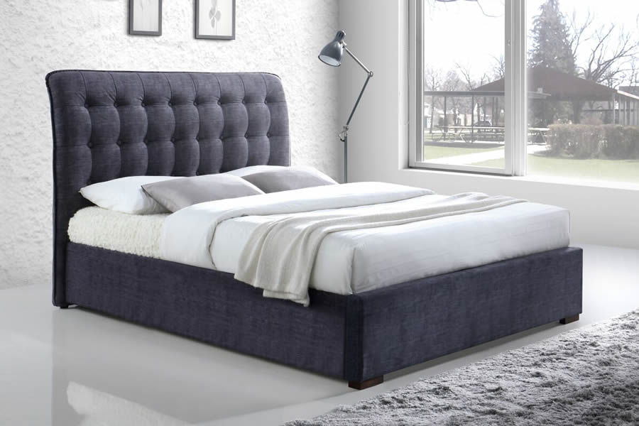 View Double 46 Dark Grey Soft Touch Fabric Bed Frame Tall Deeply Padded Buttoned Headboard Bedstead Low Footboard Hamilton information