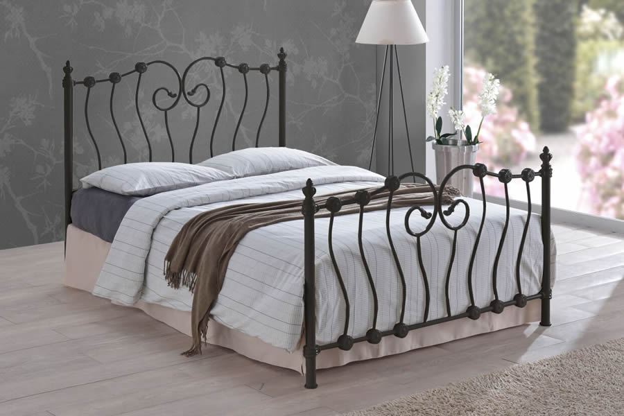 View 40 Small Double Victorian Style Black Antique Look Metal Bed Frame High Head Footend Bedstead Pretty Swirled Headboard Robust Base Nova information