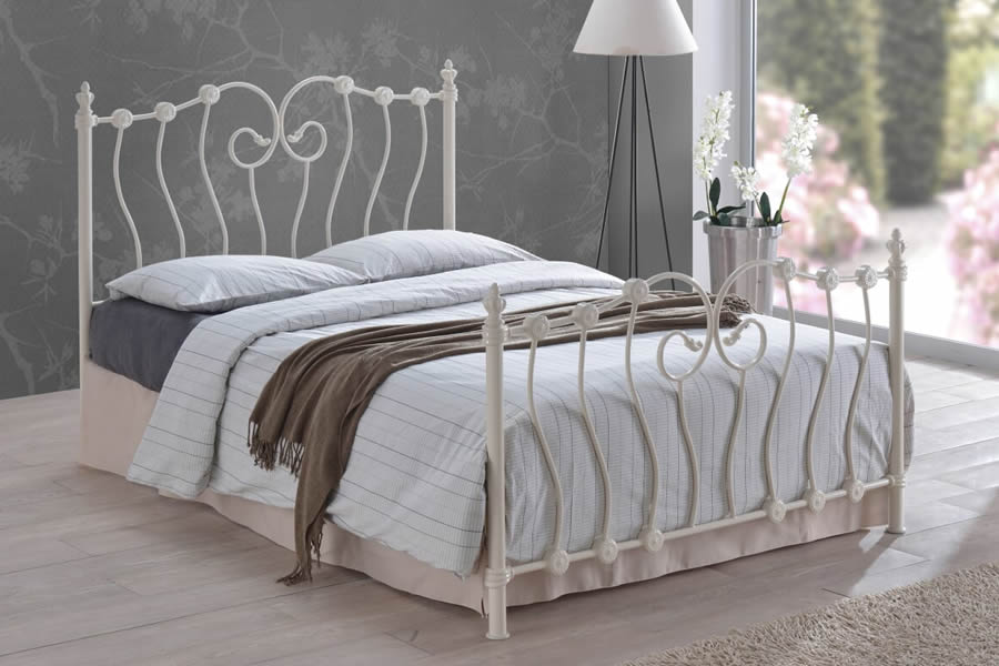 View 50 King Size Victorian Style Ivory Antique Look Metal Bed Frame High Head Footend Bedstead Pretty Swirled Headboard Robust Base Nova information