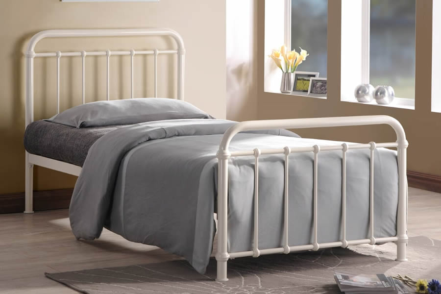 View Ivory 30 Single Bed Miami Metal Hospital Style Metal Tubular Bed Frame Arched Gentle Curved Headboard Steel Frame With Robust Slatted Base information