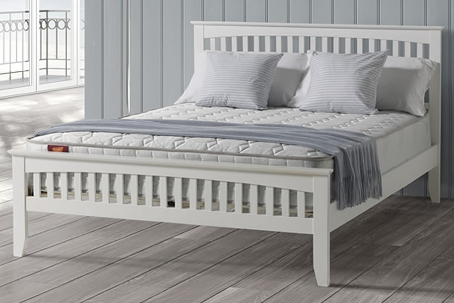 View 46 Double Size Freya Shaker Style White Wooden Bed Frame With Slatted Headboard Low Footboard Strong Slatted Base Sprung Supporting Slats information
